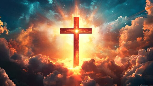 Holy cross glowing in sky, rays of divine light symbolizing faith