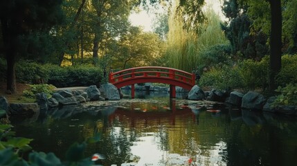 A traditional Japanese garden with a red bridge over a koi pond.