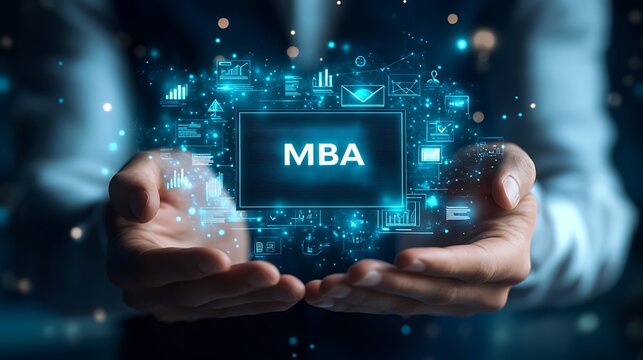 Businessman holding a digital icon of a masters degree