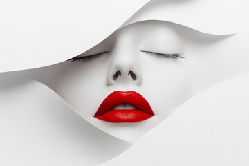 Obraz premium A serene face emerges from minimalist paper layers, showcasing pale complexion and striking red lips with gentle volumetric lighting