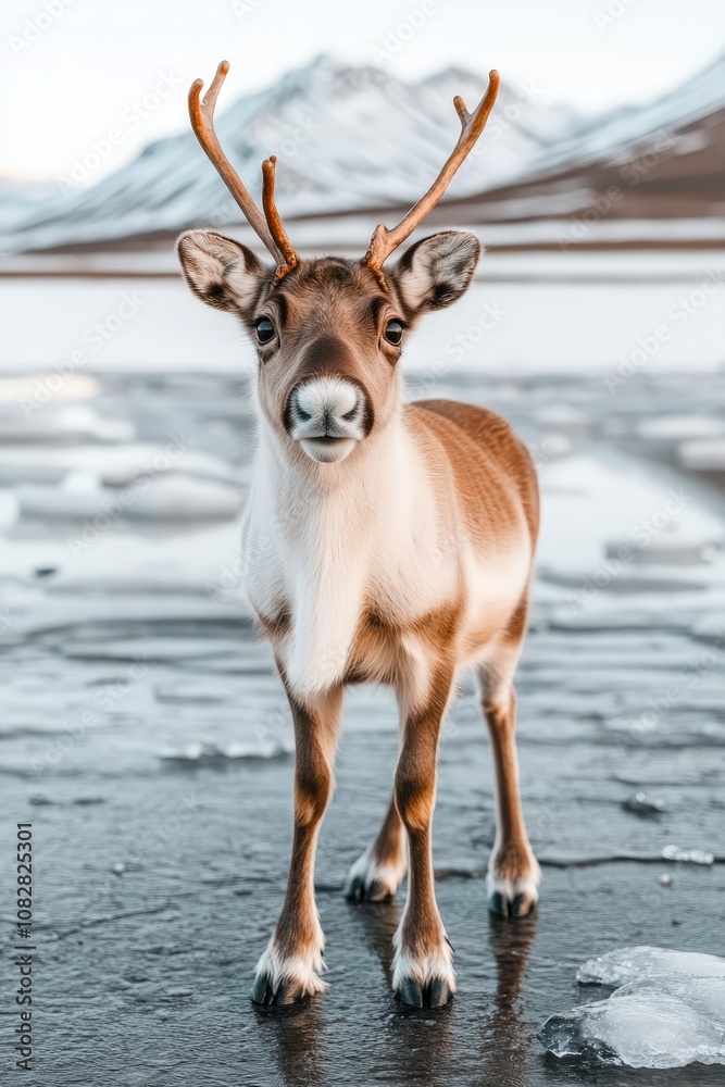 Wall mural A reindeer stands on a frozen lake in the Arctic.