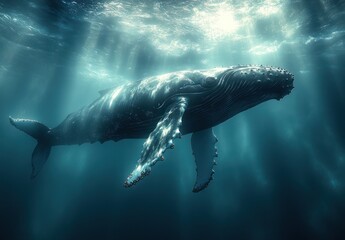 Fototapeta premium A humpback whale swims through a sunlit ocean.