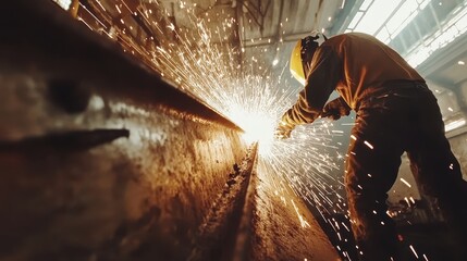 A welder in protective gear, sparks cascading as they join metal beams.