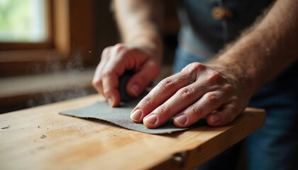 Obraz premium Hands meticulously sanding wood on a workbench, highlighting attention to detail in a cozy workshop environment. Ideal for DIY and woodworking projects.