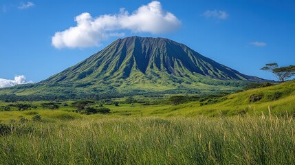 Fototapeta premium A scenic view of a lush green volcano under a clear blue sky.