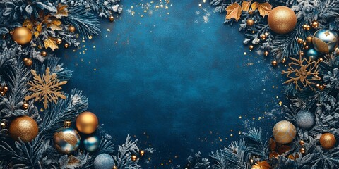 A Beautifully Arranged Winter Holiday Background Featuring Elegant Ornaments and Frosted Greenery on a Deep Blue Surface, Perfect for Festive Celebrations and Seasonal Decorations