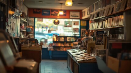 Fototapeta premium A quaint record store with shelves filled with vinyl records. The store has a warm and inviting atmosphere.