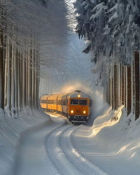 A yellow train traveling through a snowy forest.