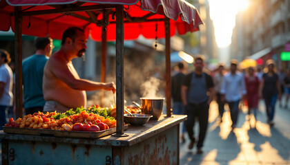 Naklejka premium A bustling street food stall with a dedicated vendor preparing dishes. The warm tones of sunset enhance the lively atmosphere of the urban marketplace.