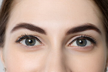 Beautiful young woman after henna eyebrows dyeing, closeup