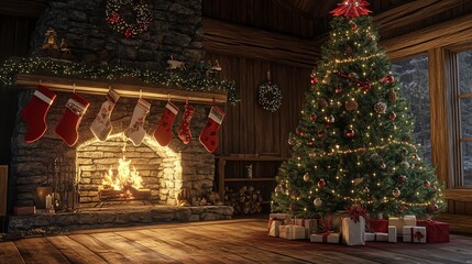 Obraz premium cozy and festive Christmas scene inside a rustic log cabin
