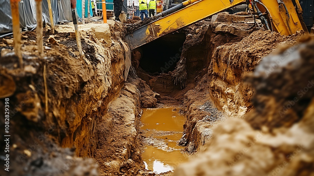 Poster Deep Construction Trench with Excavator and Workers at Active Building Site : Generative AI