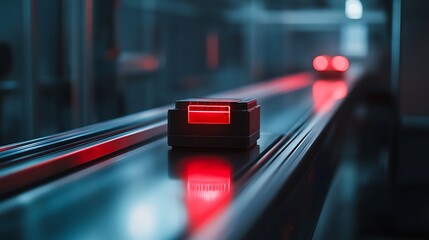 A close-up of a quality control system using AI vision technology to detect defects in a product on a conveyor belt in an automated factory 