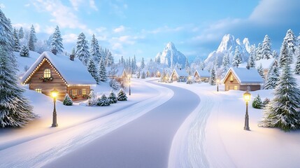 Fototapeta premium Winter wonderland scene alpine village landscape photography snowy environment serene viewpoint tranquil concept