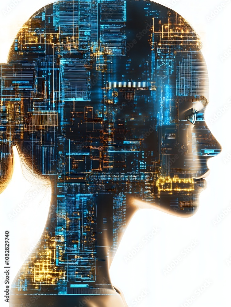 Aufkleber futuristic female silhouette with digital circuitry overlay in dramatic profile view : generative ai