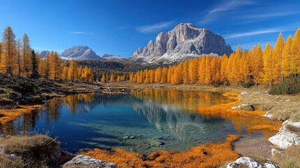 Obraz premium A serene autumn landscape featuring a reflective lake surrounded by vibrant orange trees and mountains.