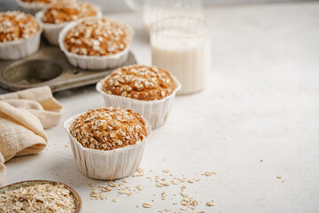 Home Baked Superfood Muffins With Oats, Seeds, Banana, Honey and nut milk. Healthy food and health life