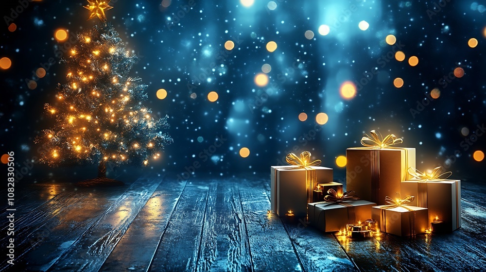 Poster enchanting winter scene with twinkling christmas tree and wrapped gifts : generative ai