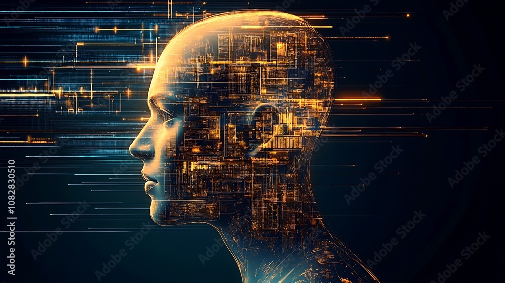 Aufkleber Futuristic Digital Head with Circuitry Representing Artificial Intelligence and Technology : Generative AI