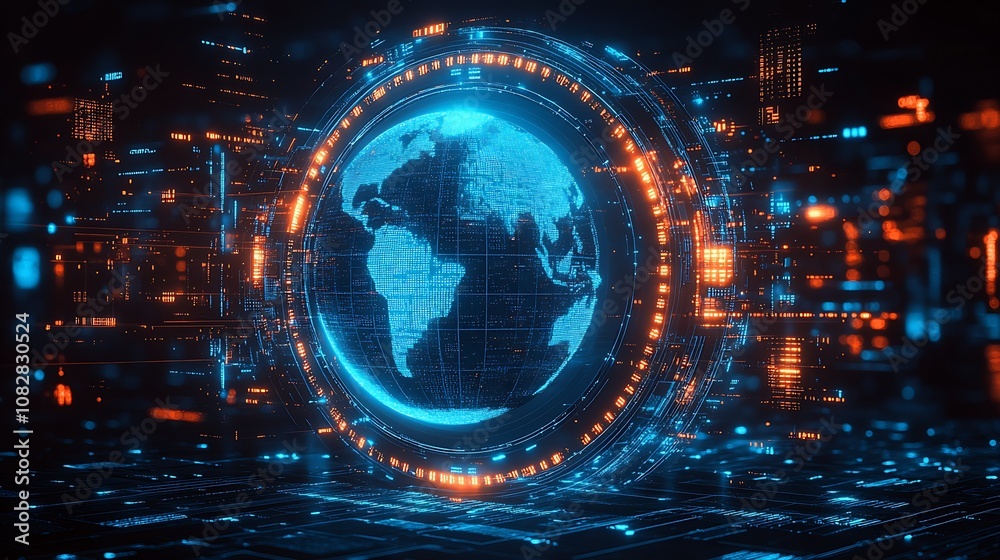 Poster futuristic digital globe with neon blue and orange circuitry : generative ai