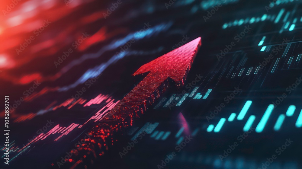 Poster a red 3d arrow pointing upwards on a screen with blue and red graphs and data visualizations, repres