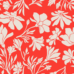 Seamless contrast contrast ink floral vector concise black and white handmade ink pattern for fabric design, decor, ceramics, greeting cards, trending flowers on bright background