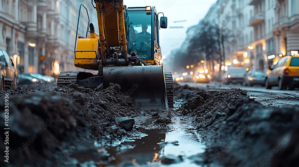 Poster urban construction site with bulldozer in action during evening traffic with city lights : generativ