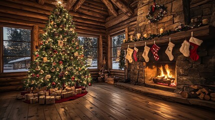 Fototapeta premium cozy and festive Christmas scene inside a rustic log cabin. A beautifully decorated Christmas tree stands tall in the corner