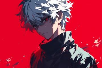 Naklejka premium Anime Illustration. Mysterious Anime Character with White Hair and Intense Red Background