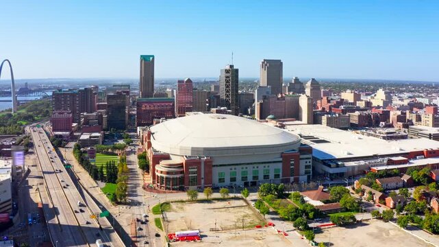 Aerial establishing shot of St. Louis, Missouri skyline with slow forward motion. St. Louis is an independent city in the U.S. state of Missouri.