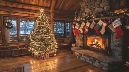 charming and cozy Christmas cabin interior featuring a beautifully decorated Christmas tree, a warm and inviting fireplace, and rustic wooden accents