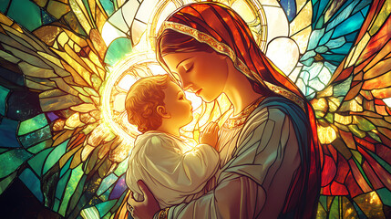 A beautiful stained glass artwork of the madonna holding the infant jesus, surrounded by angels, radiating warmth and divine light. Divine. Illustration