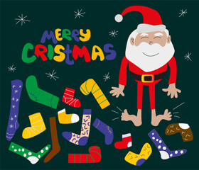comic New Year greeting card with Santa Claus without boots and a mountain of different and colorful New Year's socks on a dark background with the inscription Merry Christmas, vector illustration © Hanna