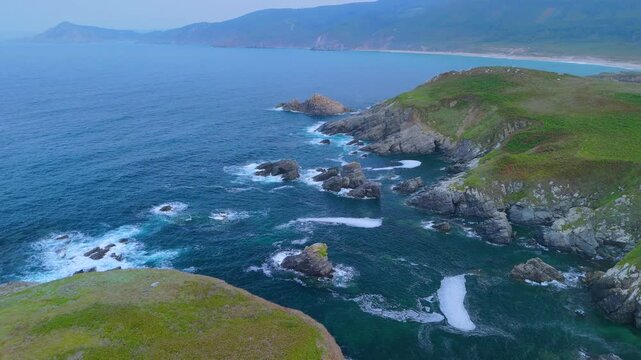Aerial view from a drone of the coastal area, beaches and sea of ​​the Hermitage of Santa Comba in the parish of Covas. Ferrol. Province of La Coru&ntilde;a. Galicia. Spain. Europe