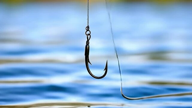 A single fishing hook hangs over a blurred blue water surface.  Simple, serene, and evocative of anticipation.