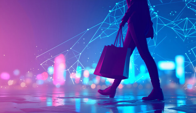 Woman on shopping, neon light futuristic space. Legs of girl in city on cyberspace background. Online shopping on application or website. Technology, virtual purchase. E-commerce. Copy space