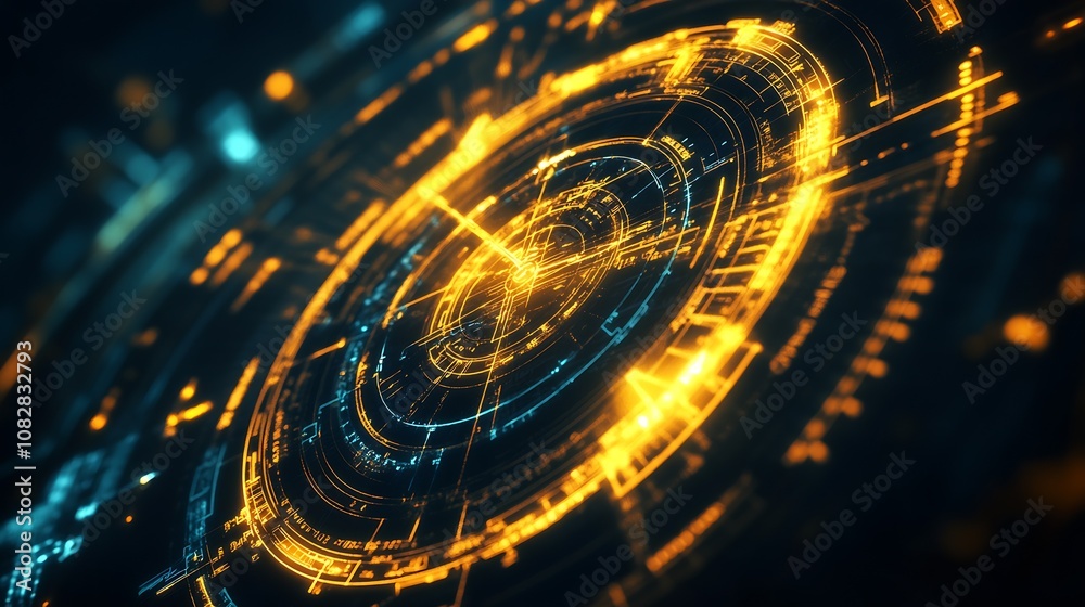 Poster Futuristic Digital Interface with Glowing Orange and Blue Tech Elements : Generative AI