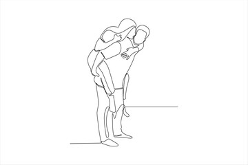 A continuous line drawing of a person giving a piggyback ride to another, symbolizing joy.