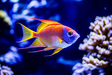 Naklejka premium A vibrant tropical fish with striking orange, yellow, and blue hues swimming near coral reefs in a clear, blue underwater environment.