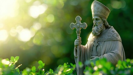 Statue of St. Patrick with Greenery Background