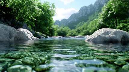 Serene river landscape with clear water and lush greenery.
