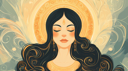 A serene and powerful depiction of the divine feminine, adorned with ornaments and a benign expression, amidst a halo of divine light and energetic swirling patterns. Divine. Illustration