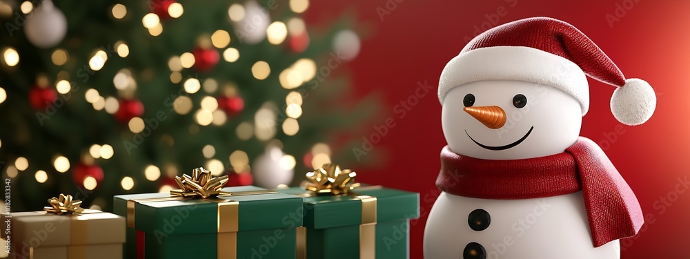 Poster cheerful snowman with festive christmas gifts and tree bokeh background : generative ai