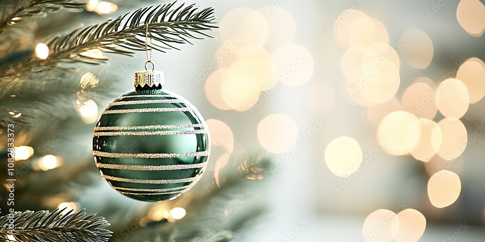 Poster Elegant Green Christmas Ornament Hanging on Tree with Soft Bokeh Background : Generative AI