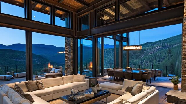 Luxurious mountain home living room with stunning sunset views.  Modern design, large windows, comfortable seating.