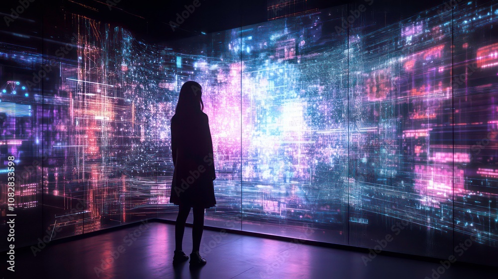 Poster hologram projection on a digital screen with different data and parameters.