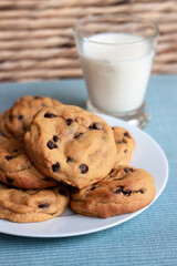 Plate of chocolate chip cookies and glass of milk