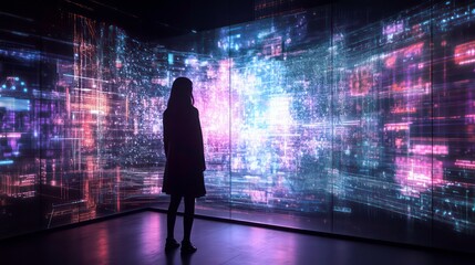 Obraz premium Hologram projection on a digital screen with different data and parameters.