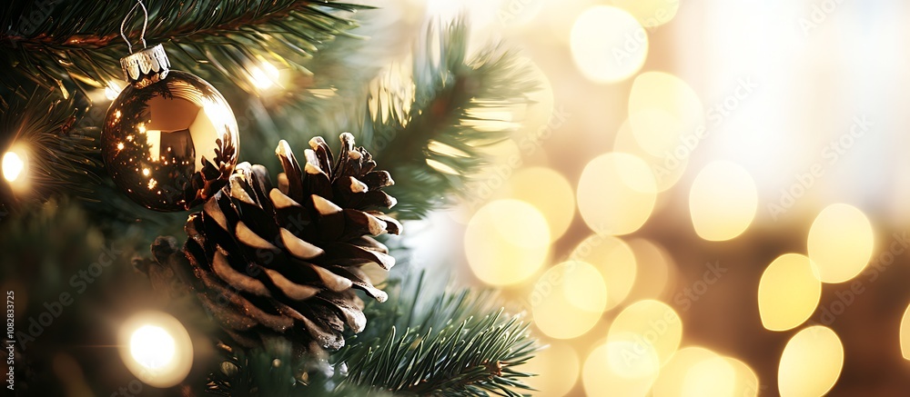 Leinwandbilder elegant christmas ornament and pinecone on tree with soft glowing bokeh lights : generative ai