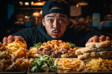 Man with humorous expression prepares for a Mukbang feast with abundant food on a dark background in South Korea